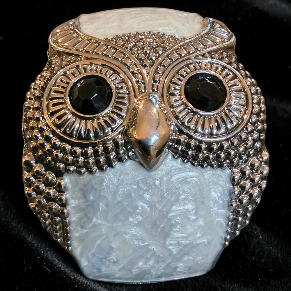 Silver Tone Owl Cuff Bracelet White Marbled Resin Statement Hinge Bangle - Picture 3 of 11